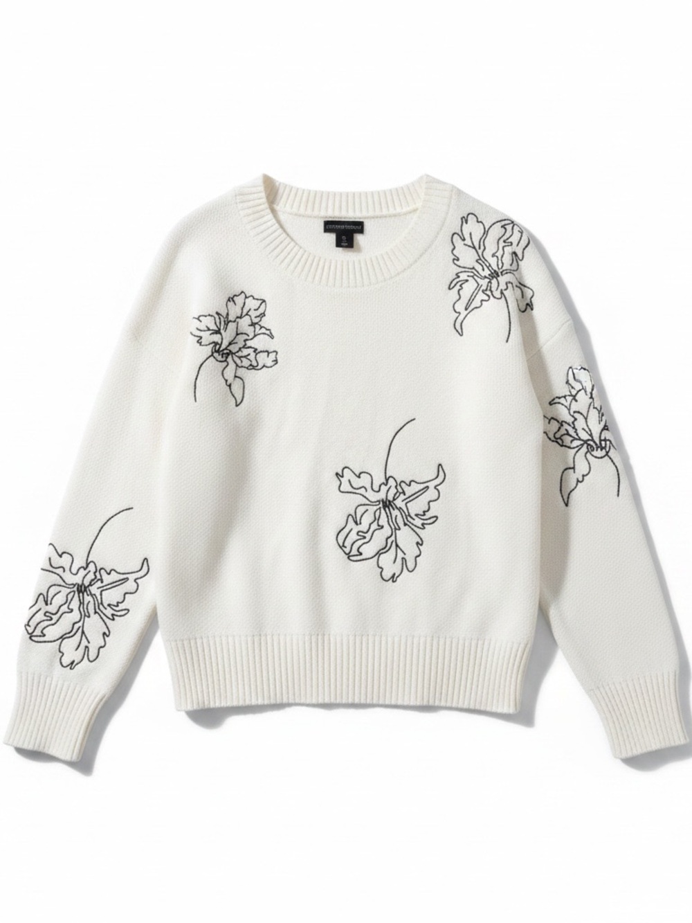 Cynthia Rowley Cream Crewneck Sweater with Black Floral Outline